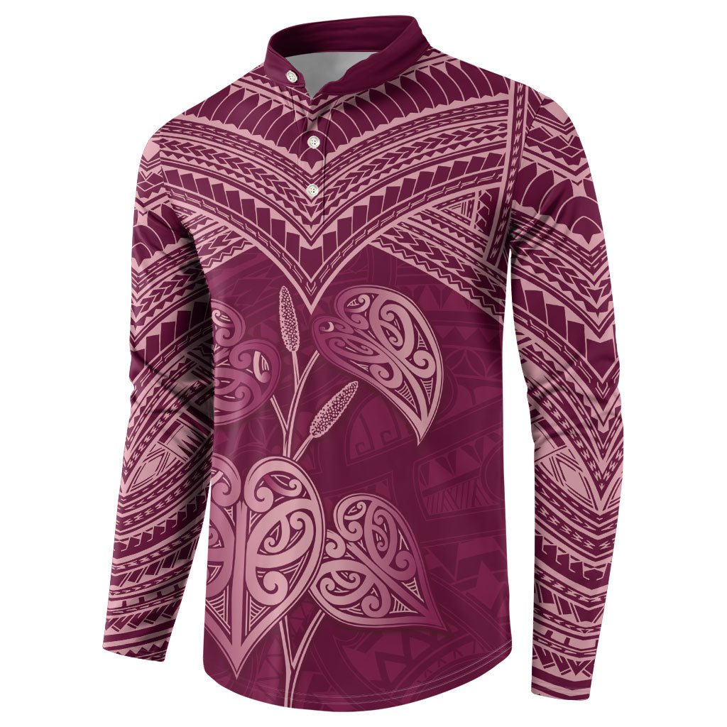 Burgundy New Zealand Kawakawa Maori Ngaru Button Sweatshirt