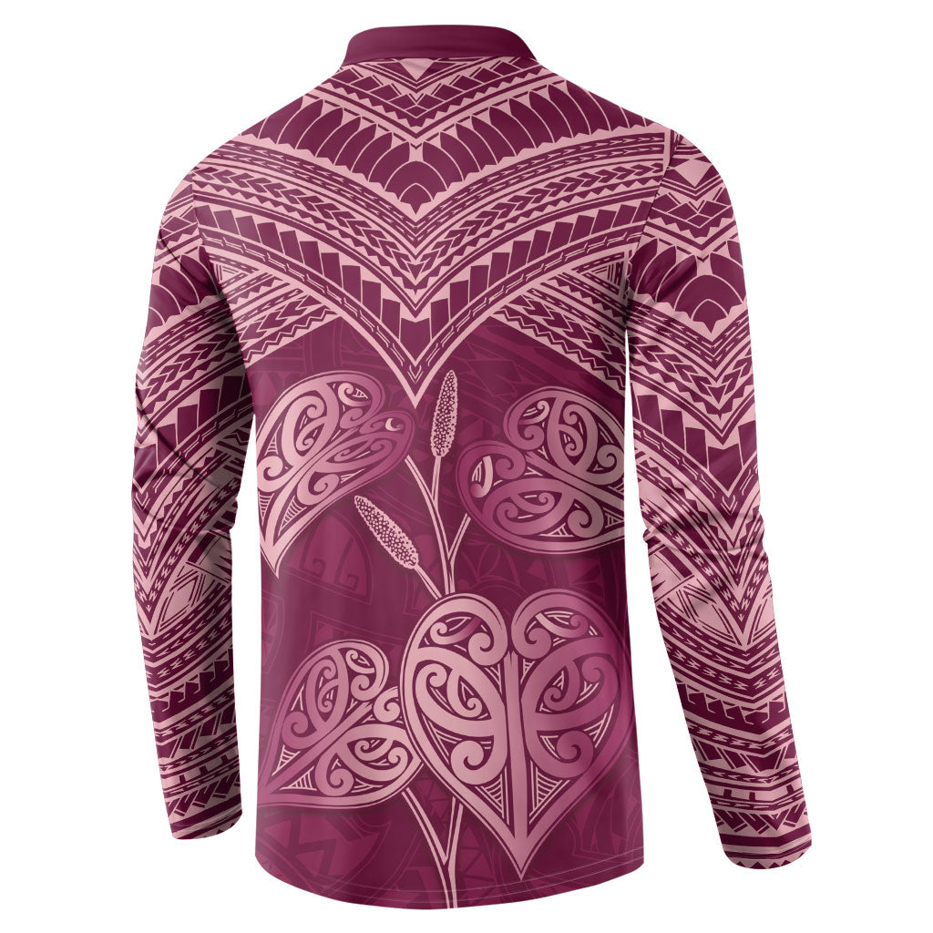 Burgundy New Zealand Kawakawa Maori Ngaru Button Sweatshirt