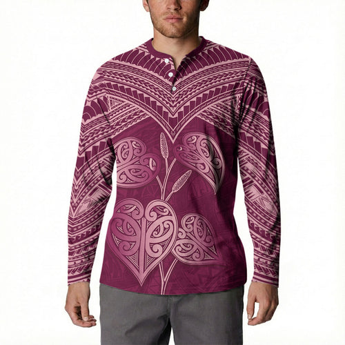 Burgundy New Zealand Kawakawa Maori Ngaru Button Sweatshirt