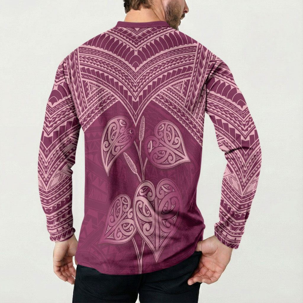 Burgundy New Zealand Kawakawa Maori Ngaru Button Sweatshirt