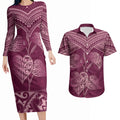 Burgundy New Zealand Kawakawa Maori Ngaru Couples Matching Long Sleeve Bodycon Dress and Hawaiian Shirt