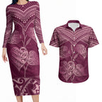 Burgundy New Zealand Kawakawa Maori Ngaru Couples Matching Long Sleeve Bodycon Dress and Hawaiian Shirt