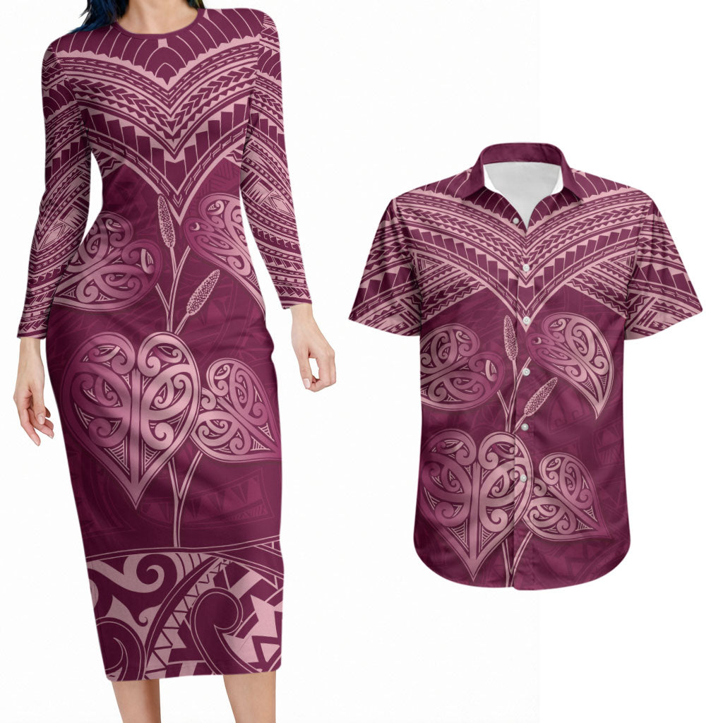 Burgundy New Zealand Kawakawa Maori Ngaru Couples Matching Long Sleeve Bodycon Dress and Hawaiian Shirt