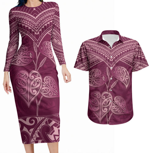 Burgundy New Zealand Kawakawa Maori Ngaru Couples Matching Long Sleeve Bodycon Dress and Hawaiian Shirt