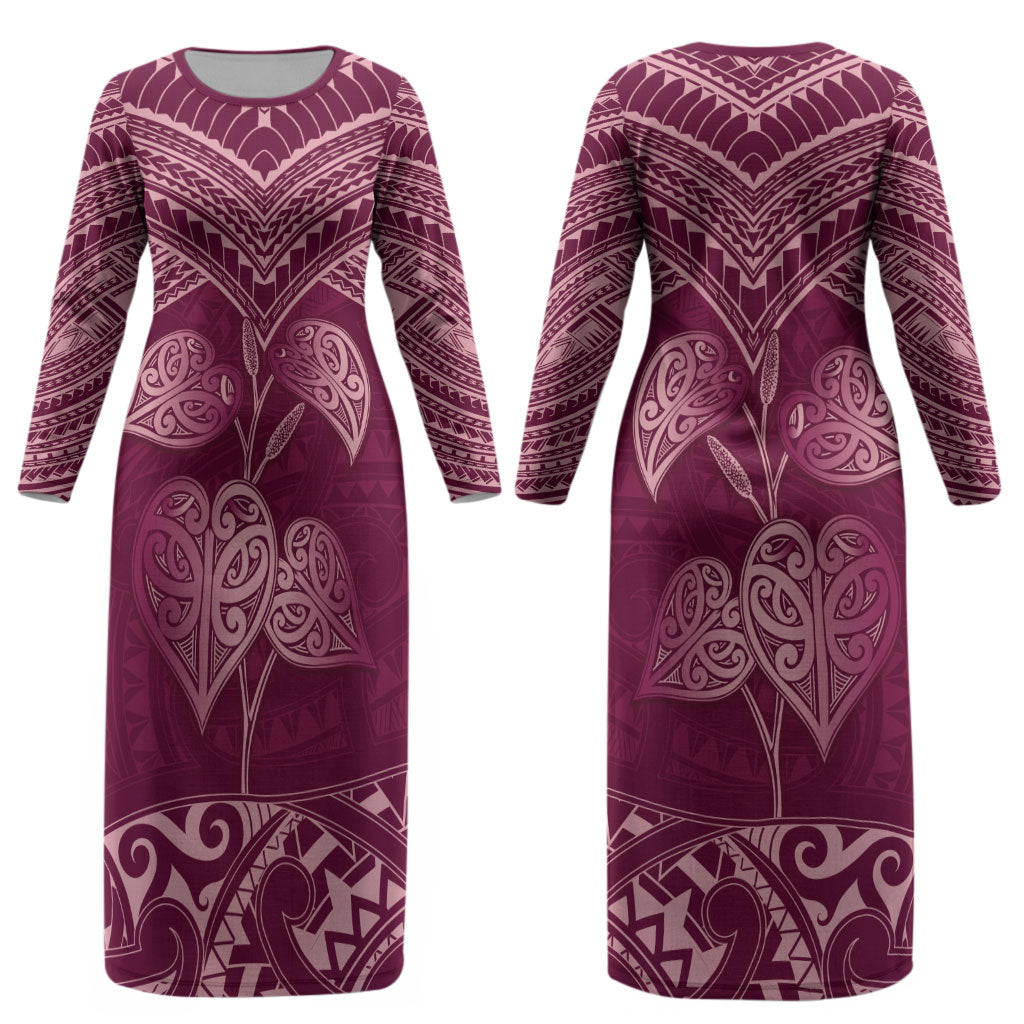 Burgundy New Zealand Kawakawa Maori Ngaru Couples Matching Long Sleeve Bodycon Dress and Hawaiian Shirt
