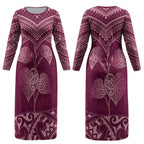 Burgundy New Zealand Kawakawa Maori Ngaru Couples Matching Long Sleeve Bodycon Dress and Hawaiian Shirt