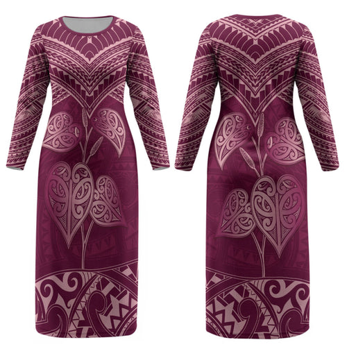 Burgundy New Zealand Kawakawa Maori Ngaru Couples Matching Long Sleeve Bodycon Dress and Hawaiian Shirt