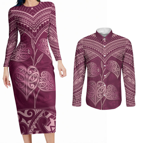 Burgundy New Zealand Kawakawa Maori Ngaru Couples Matching Long Sleeve Bodycon Dress and Long Sleeve Button Shirt