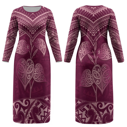 Burgundy New Zealand Kawakawa Maori Ngaru Couples Matching Long Sleeve Bodycon Dress and Long Sleeve Button Shirt