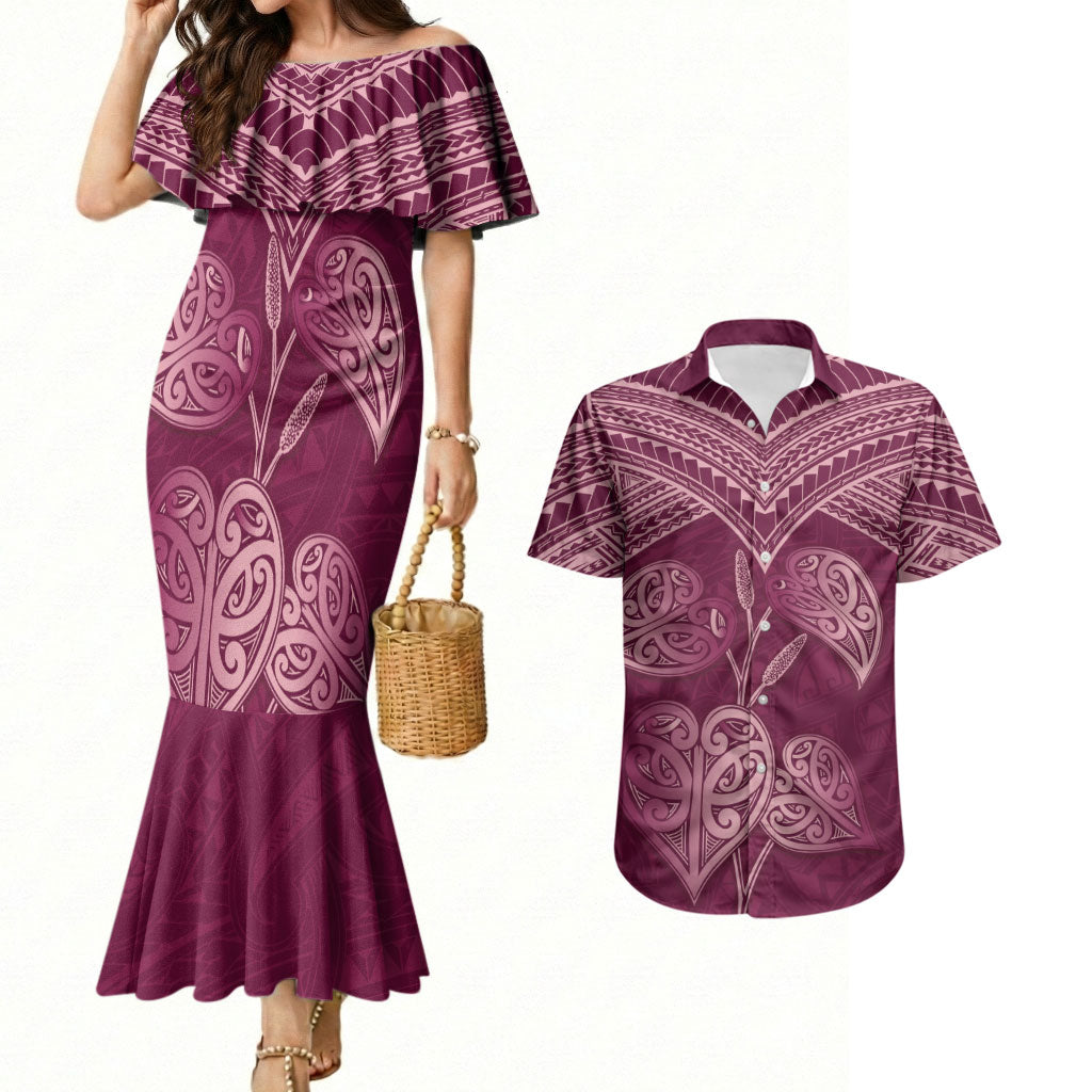 Burgundy New Zealand Kawakawa Maori Ngaru Couples Matching Mermaid Dress and Hawaiian Shirt
