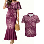 Burgundy New Zealand Kawakawa Maori Ngaru Couples Matching Mermaid Dress and Hawaiian Shirt