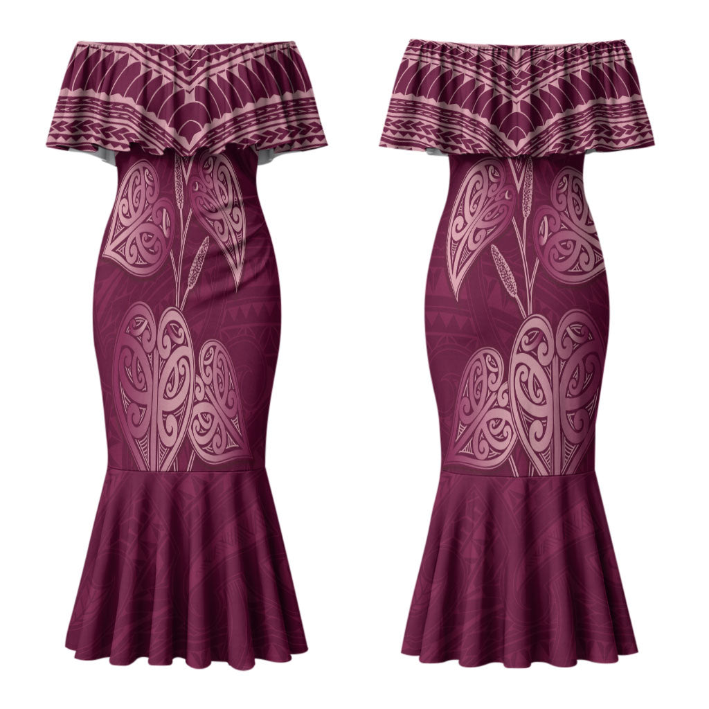 Burgundy New Zealand Kawakawa Maori Ngaru Couples Matching Mermaid Dress and Hawaiian Shirt