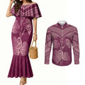 Burgundy New Zealand Kawakawa Maori Ngaru Couples Matching Mermaid Dress and Long Sleeve Button Shirt