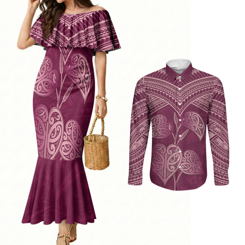 Burgundy New Zealand Kawakawa Maori Ngaru Couples Matching Mermaid Dress and Long Sleeve Button Shirt