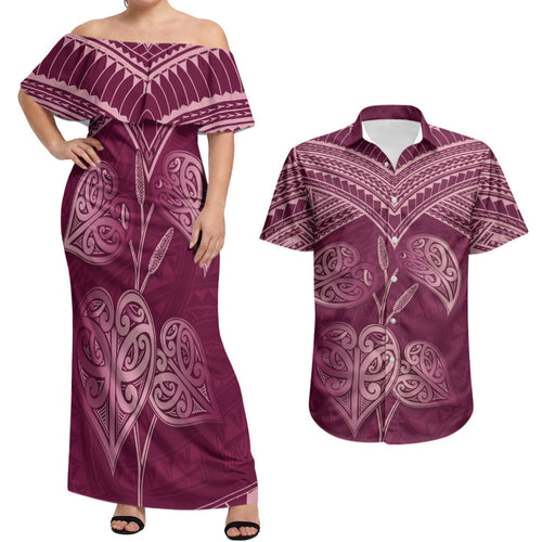 Burgundy New Zealand Kawakawa Maori Ngaru Couples Matching Off Shoulder Maxi Dress and Hawaiian Shirt