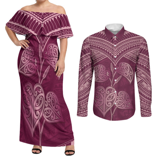 Burgundy New Zealand Kawakawa Maori Ngaru Couples Matching Off Shoulder Maxi Dress and Long Sleeve Button Shirt