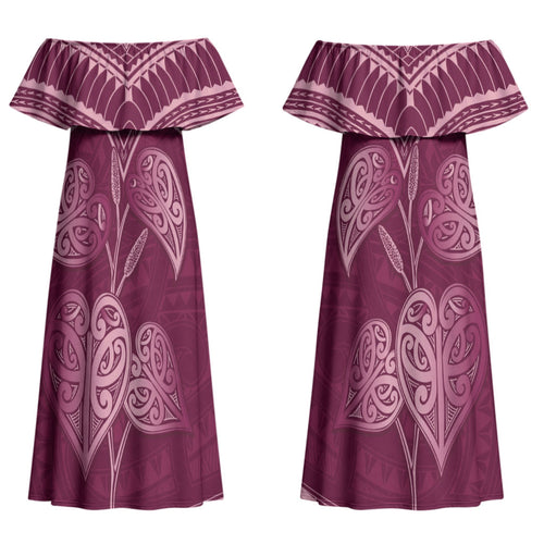Burgundy New Zealand Kawakawa Maori Ngaru Couples Matching Off Shoulder Maxi Dress and Long Sleeve Button Shirt