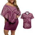 Burgundy New Zealand Kawakawa Maori Ngaru Couples Matching Off Shoulder Short Dress and Hawaiian Shirt