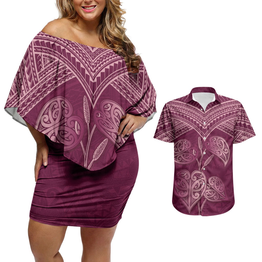 Burgundy New Zealand Kawakawa Maori Ngaru Couples Matching Off Shoulder Short Dress and Hawaiian Shirt