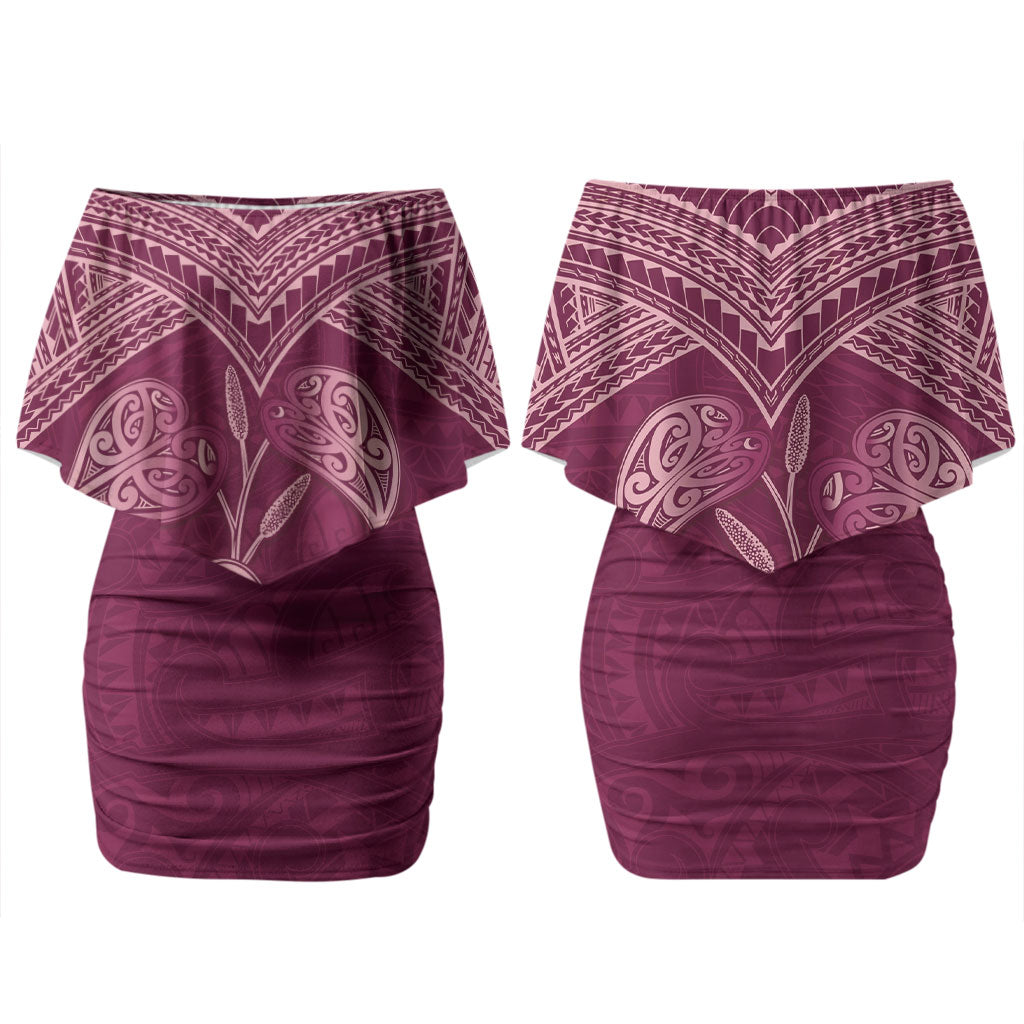 Burgundy New Zealand Kawakawa Maori Ngaru Couples Matching Off Shoulder Short Dress and Hawaiian Shirt
