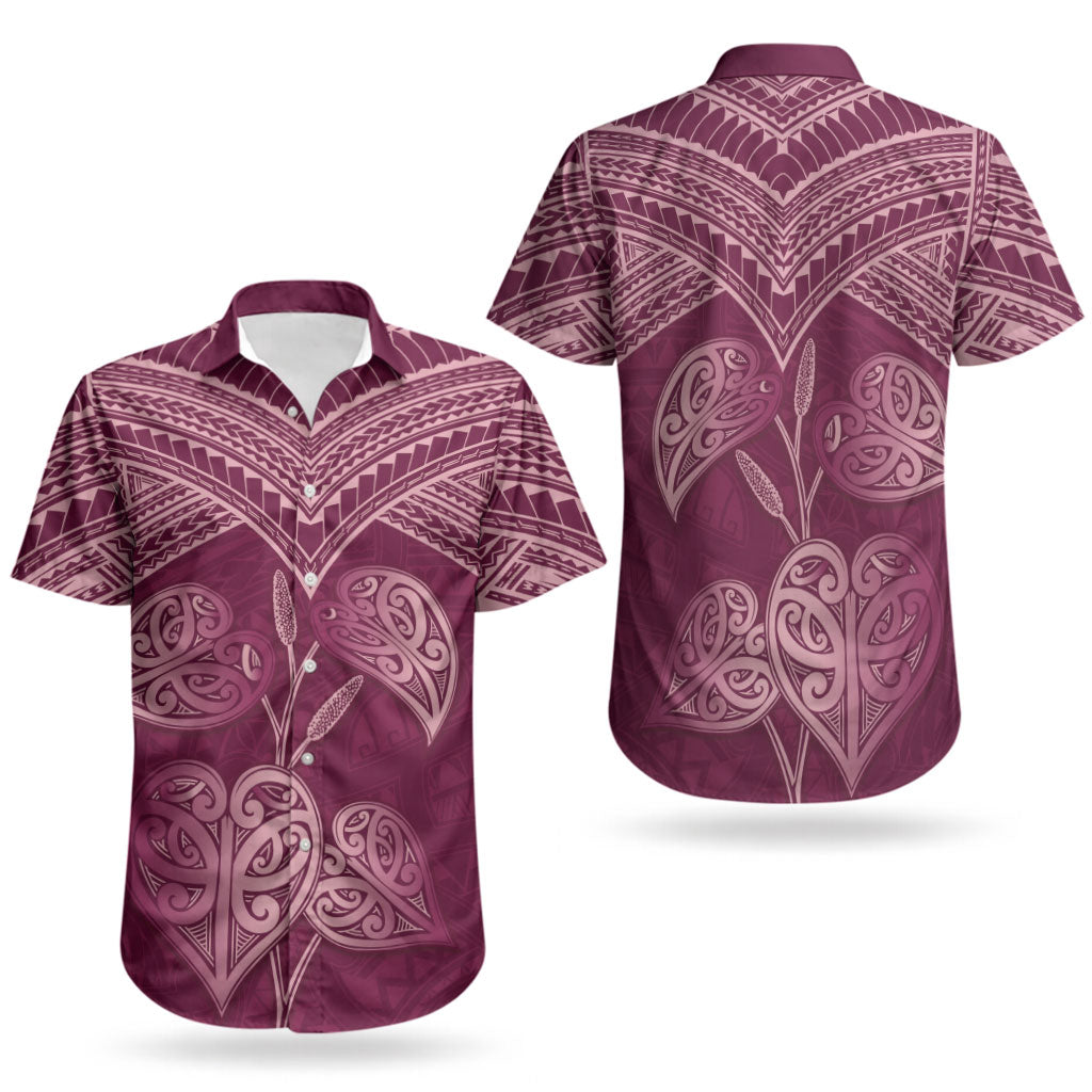 Burgundy New Zealand Kawakawa Maori Ngaru Couples Matching Off Shoulder Short Dress and Hawaiian Shirt