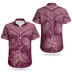 Burgundy New Zealand Kawakawa Maori Ngaru Couples Matching Off Shoulder Short Dress and Hawaiian Shirt