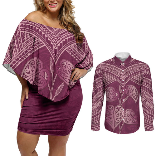 Burgundy New Zealand Kawakawa Maori Ngaru Couples Matching Off Shoulder Short Dress and Long Sleeve Button Shirt