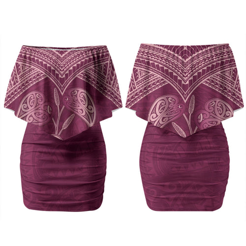 Burgundy New Zealand Kawakawa Maori Ngaru Couples Matching Off Shoulder Short Dress and Long Sleeve Button Shirt