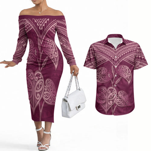 Burgundy New Zealand Kawakawa Maori Ngaru Couples Matching Off The Shoulder Long Sleeve Dress and Hawaiian Shirt