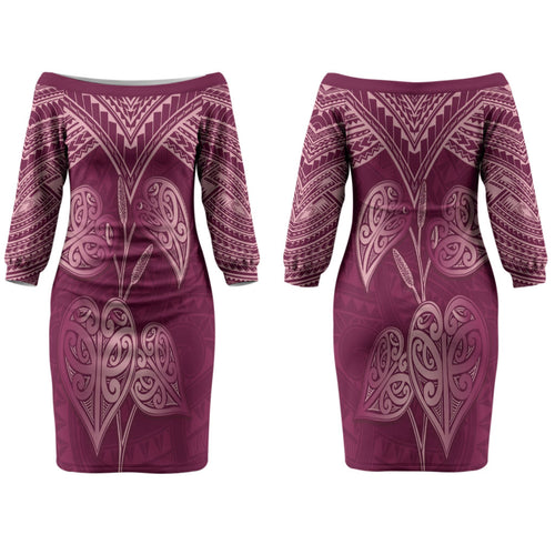 Burgundy New Zealand Kawakawa Maori Ngaru Couples Matching Off The Shoulder Long Sleeve Dress and Hawaiian Shirt