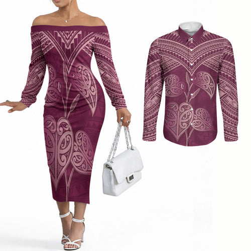Burgundy New Zealand Kawakawa Maori Ngaru Couples Matching Off The Shoulder Long Sleeve Dress and Long Sleeve Button Shirt