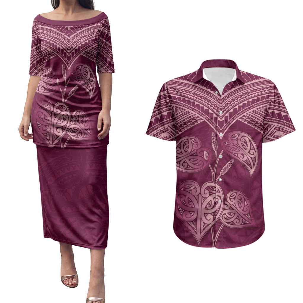 Burgundy New Zealand Kawakawa Maori Ngaru Couples Matching Puletasi and Hawaiian Shirt
