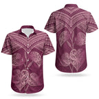 Burgundy New Zealand Kawakawa Maori Ngaru Couples Matching Puletasi and Hawaiian Shirt