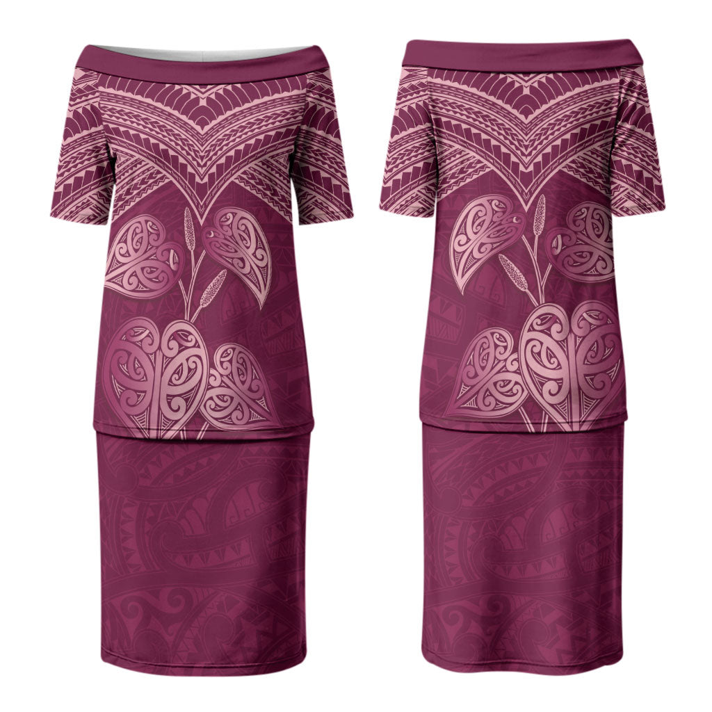 Burgundy New Zealand Kawakawa Maori Ngaru Couples Matching Puletasi and Hawaiian Shirt