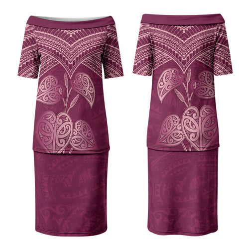 Burgundy New Zealand Kawakawa Maori Ngaru Couples Matching Puletasi and Hawaiian Shirt