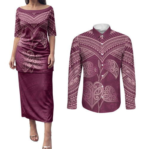 Burgundy New Zealand Kawakawa Maori Ngaru Couples Matching Puletasi and Long Sleeve Button Shirt