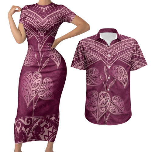 Burgundy New Zealand Kawakawa Maori Ngaru Couples Matching Short Sleeve Bodycon Dress and Hawaiian Shirt