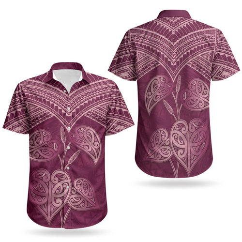 Burgundy New Zealand Kawakawa Maori Ngaru Couples Matching Short Sleeve Bodycon Dress and Hawaiian Shirt