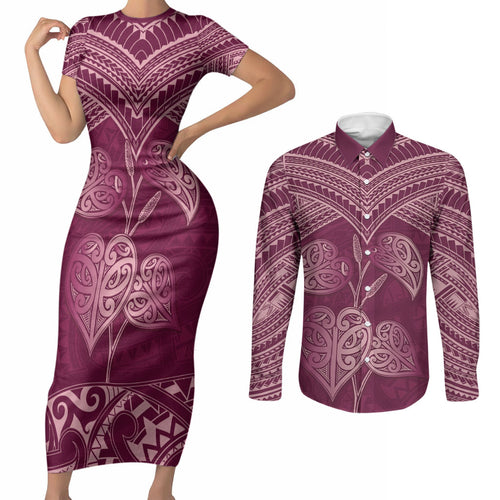 Burgundy New Zealand Kawakawa Maori Ngaru Couples Matching Short Sleeve Bodycon Dress and Long Sleeve Button Shirt