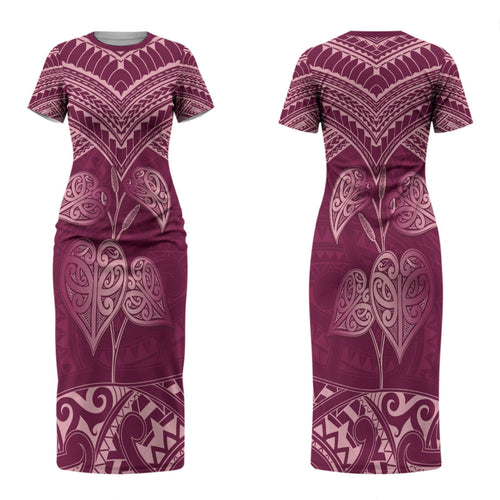 Burgundy New Zealand Kawakawa Maori Ngaru Couples Matching Short Sleeve Bodycon Dress and Long Sleeve Button Shirt
