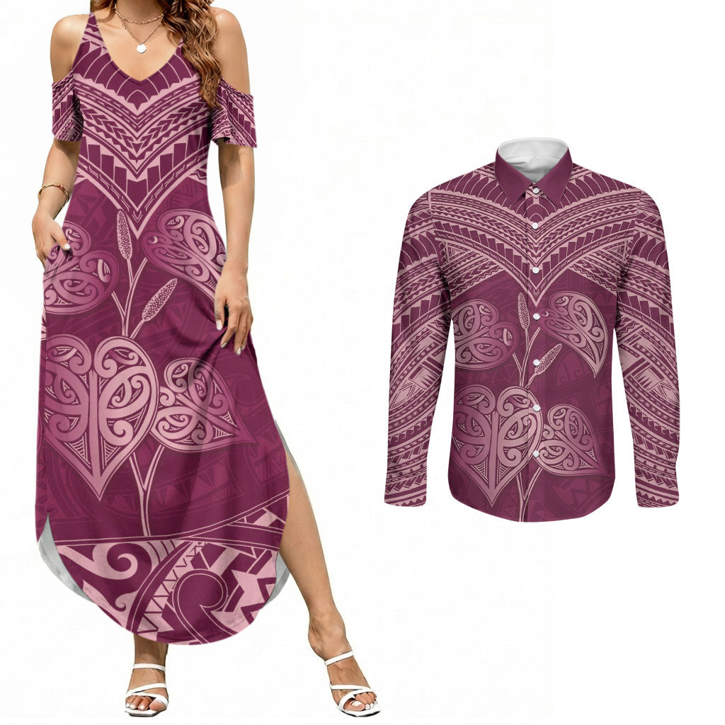 Burgundy New Zealand Kawakawa Maori Ngaru Couples Matching Summer Maxi Dress and Long Sleeve Button Shirt