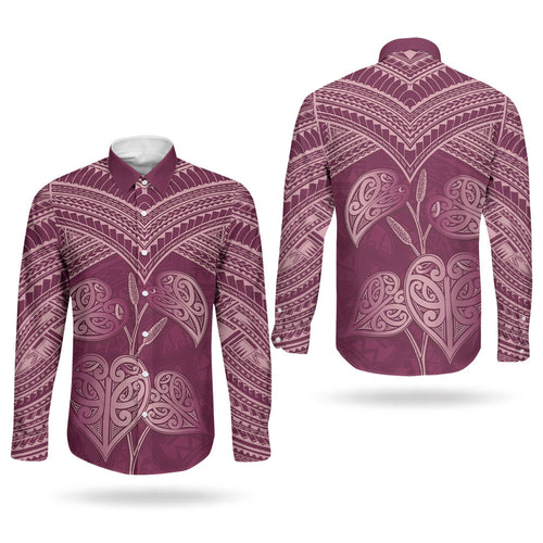 Burgundy New Zealand Kawakawa Maori Ngaru Couples Matching Summer Maxi Dress and Long Sleeve Button Shirt