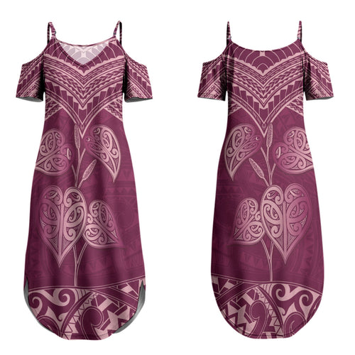 Burgundy New Zealand Kawakawa Maori Ngaru Couples Matching Summer Maxi Dress and Long Sleeve Button Shirt