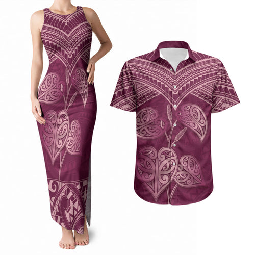 Burgundy New Zealand Kawakawa Maori Ngaru Couples Matching Tank Maxi Dress and Hawaiian Shirt