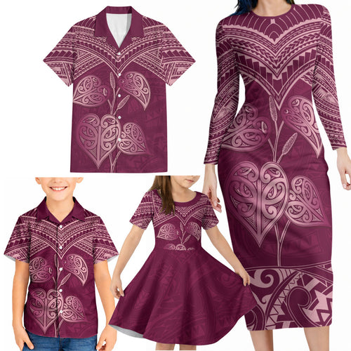 Burgundy New Zealand Kawakawa Maori Ngaru Family Matching Long Sleeve Bodycon Dress and Hawaiian Shirt