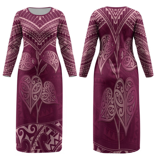 Burgundy New Zealand Kawakawa Maori Ngaru Family Matching Long Sleeve Bodycon Dress and Hawaiian Shirt