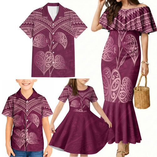 Burgundy New Zealand Kawakawa Maori Ngaru Family Matching Mermaid Dress and Hawaiian Shirt