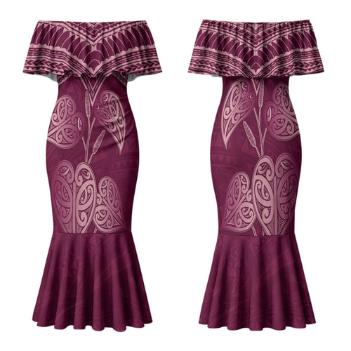 Burgundy New Zealand Kawakawa Maori Ngaru Family Matching Mermaid Dress and Hawaiian Shirt