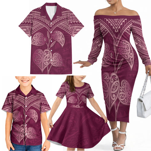 Burgundy New Zealand Kawakawa Maori Ngaru Family Matching Off The Shoulder Long Sleeve Dress and Hawaiian Shirt