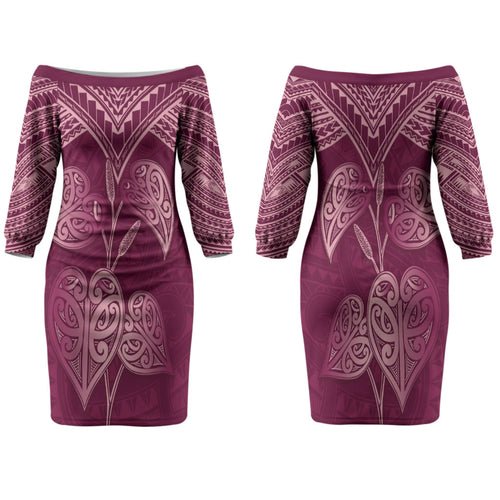 Burgundy New Zealand Kawakawa Maori Ngaru Family Matching Off The Shoulder Long Sleeve Dress and Hawaiian Shirt